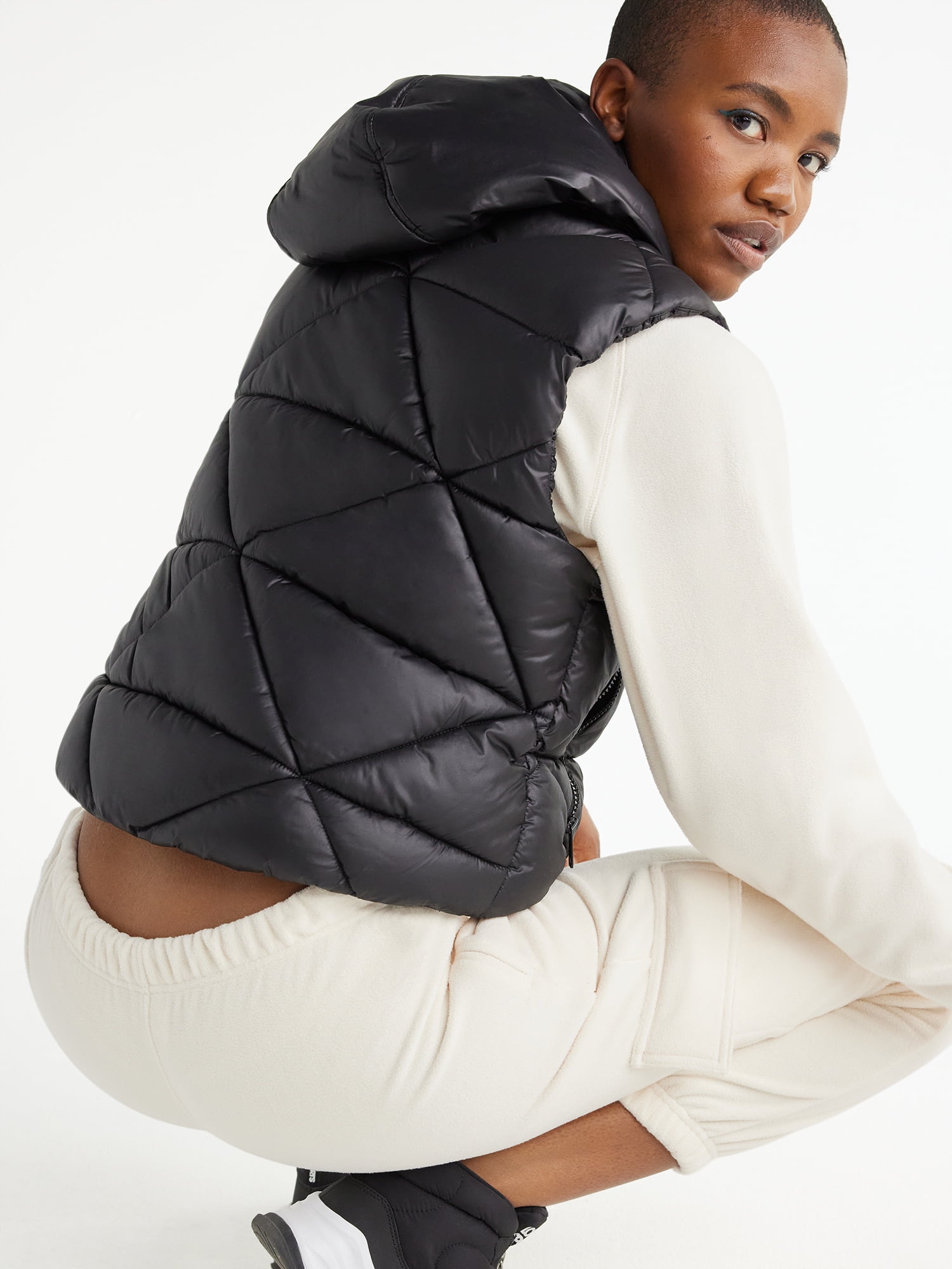 Womens black puffer vest with hood cheap
