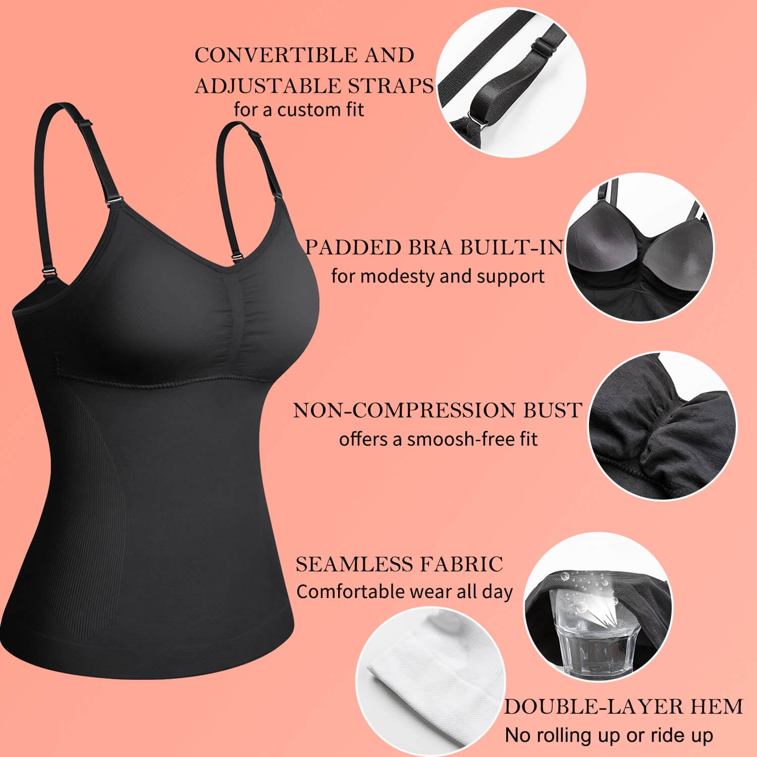 VASLANDA Women's Cami Shaper with Built in Bra Tummy Control Camisole Tank  Top Underskirts Shapewear Body Shaper