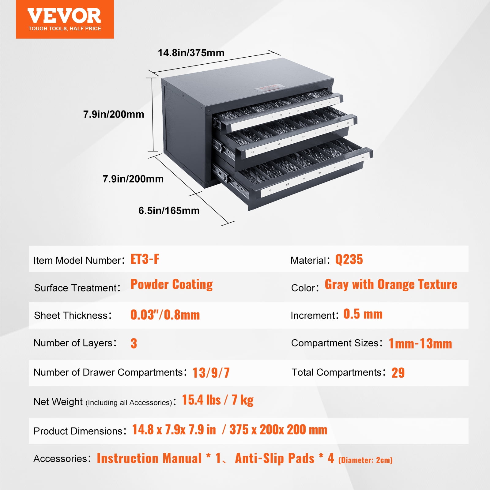 SKYSHALO Drill Bit Dispenser Cabinet, Three-Drawer Drill Bit Dispenser, Drill Bit Organizer Cabinet, Drill Dispenser Organizer Cabinet for 1mm to 13mm