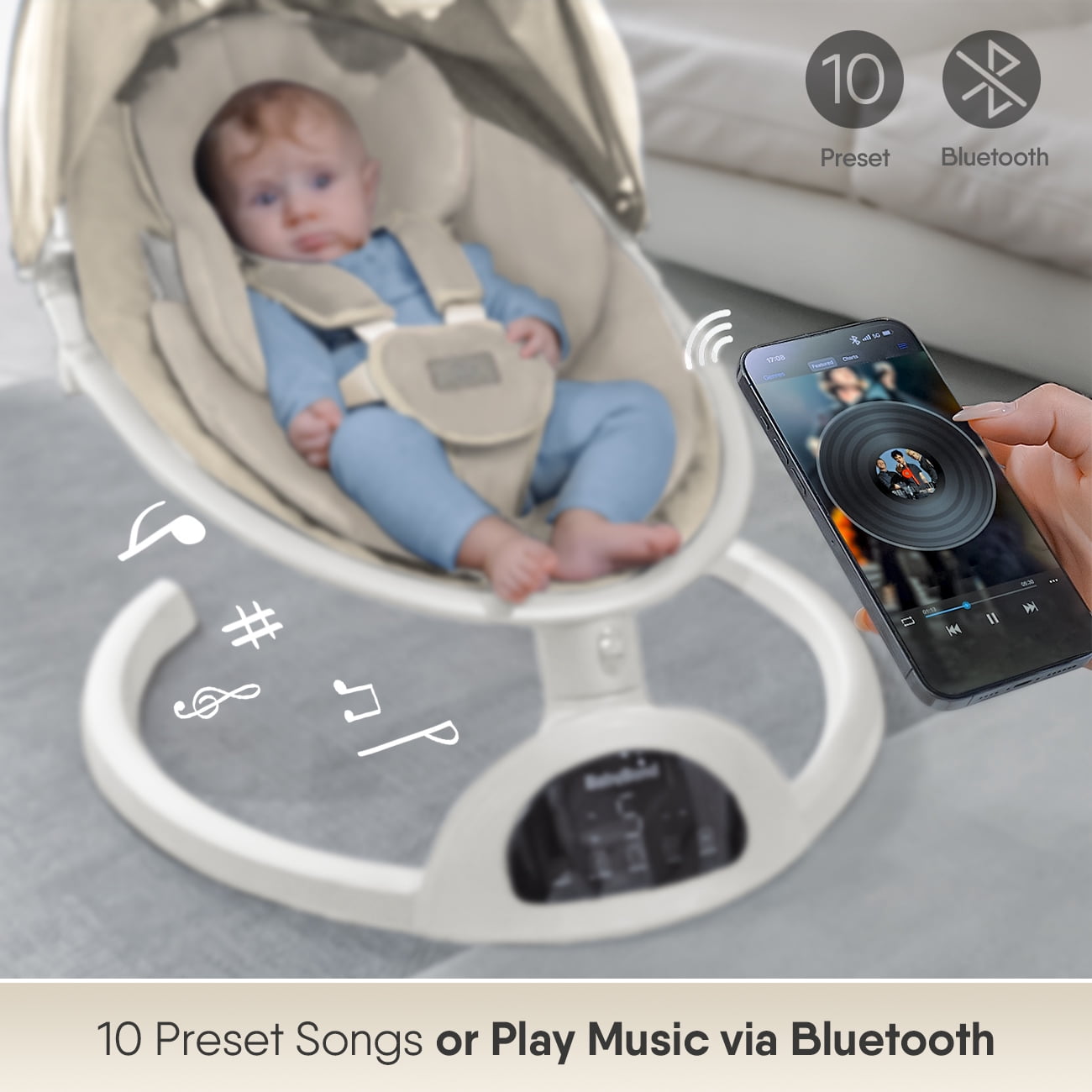 Babyomi Baby Swing for Infant, Electric Bluetooth Swing Rocker with 5 Sway Speeds& 10 nursery rhyme ,, beige