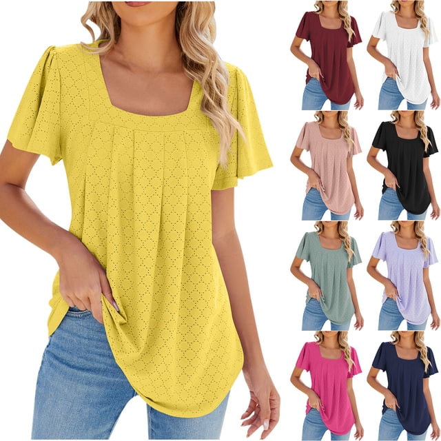 asjyhkr T-Shirts d'Été pour Femmes à Manches Courtes Mode Col Rond Coupe Ample T-Shirts Décontractés Unis Basiques
