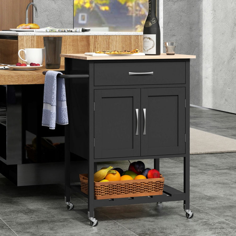 YYAo Kitchen Islands Carts,Rolling Kitchen Island Cart with Drawer and Towel Rack-Black