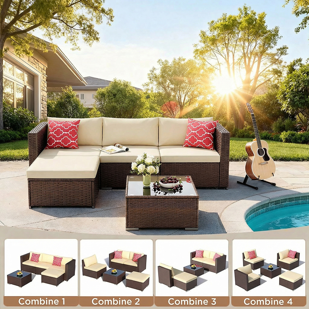 5 PCS Wicker Patio Furniture Set, PE Rattan Outdoor Sectional Sofa with Beige Cushions and Glass Coffee Table, for Backyard, Porch, Poolside & Garden - Brown Rattan, Beige Cushion
