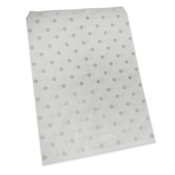 20 Qty 8.5" x 11" Decorative Flat Paper Gift Bags - Silver Polka-Dot on White Bags - for Sales/Treats/Parties Cookies/Gifts - N'icePackaging