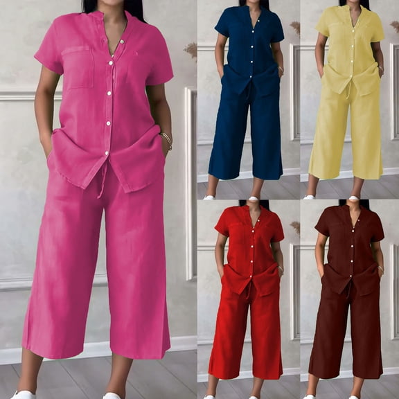 LEAVINGSUO Two Piece Sets for Women Plus Size Fashion Women Round-Neck Short Sleeve And Pants Solid Casual 2PC Sets Coffee S