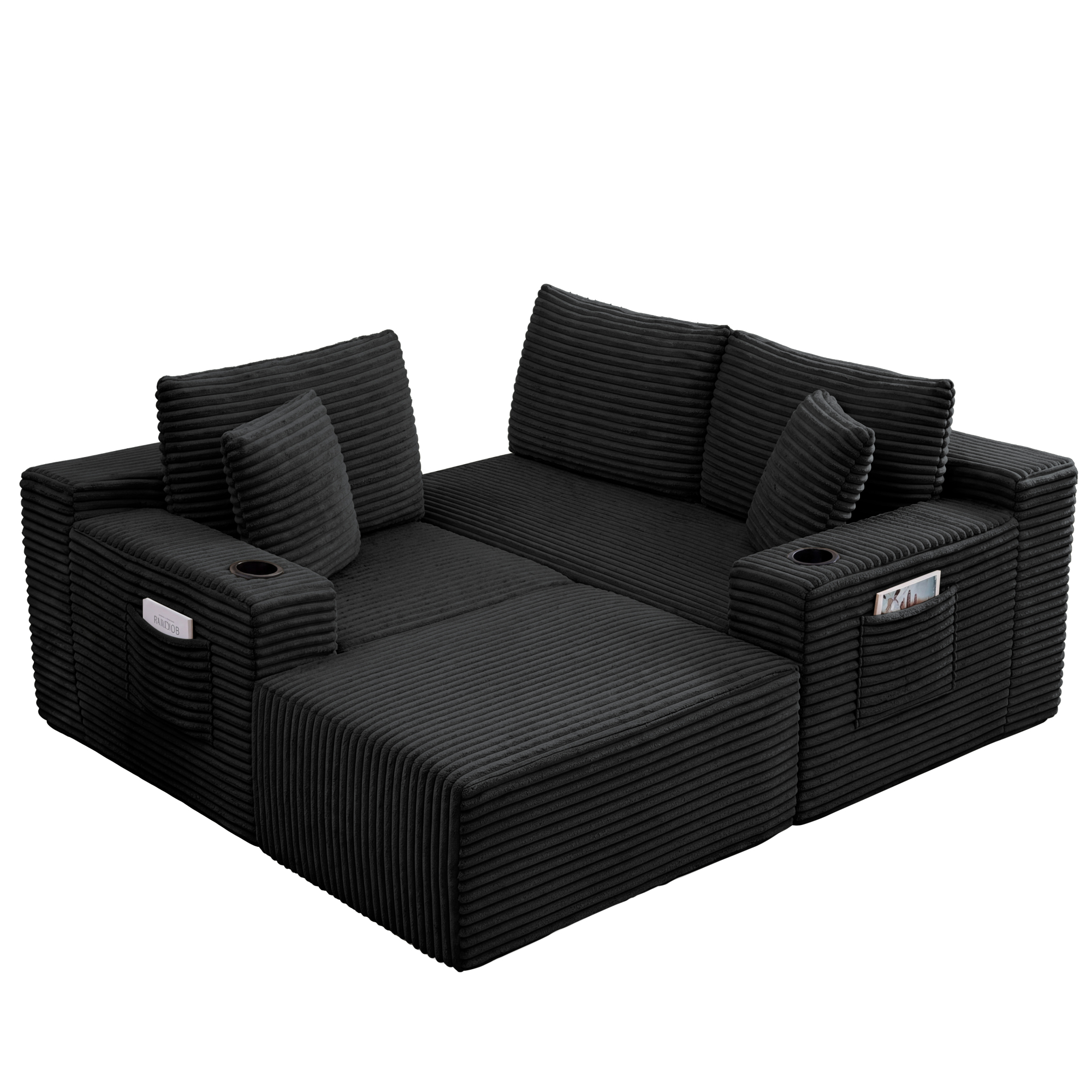 HOQBN L-Shaped Sectional Sofa with Ottoman, Corduroy 3-Seat Couch, Modern Modular Sofa for Living Room Black
