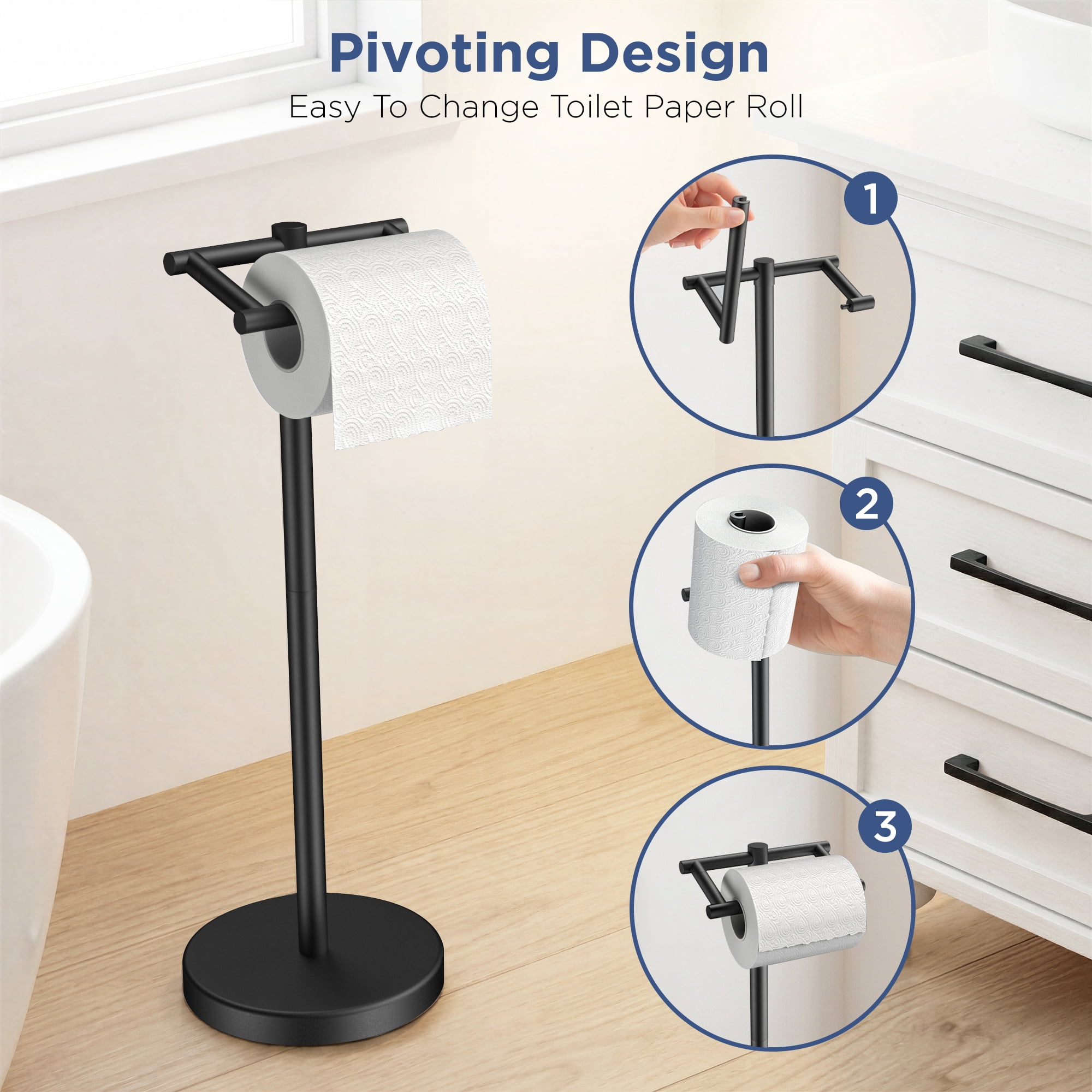 TVOFEK Freestanding Toilet Paper Holder Stand, Toilet Roll Holder Stainless Steel, Post Pivoting Design & Stable Weighted Base, Matte Black