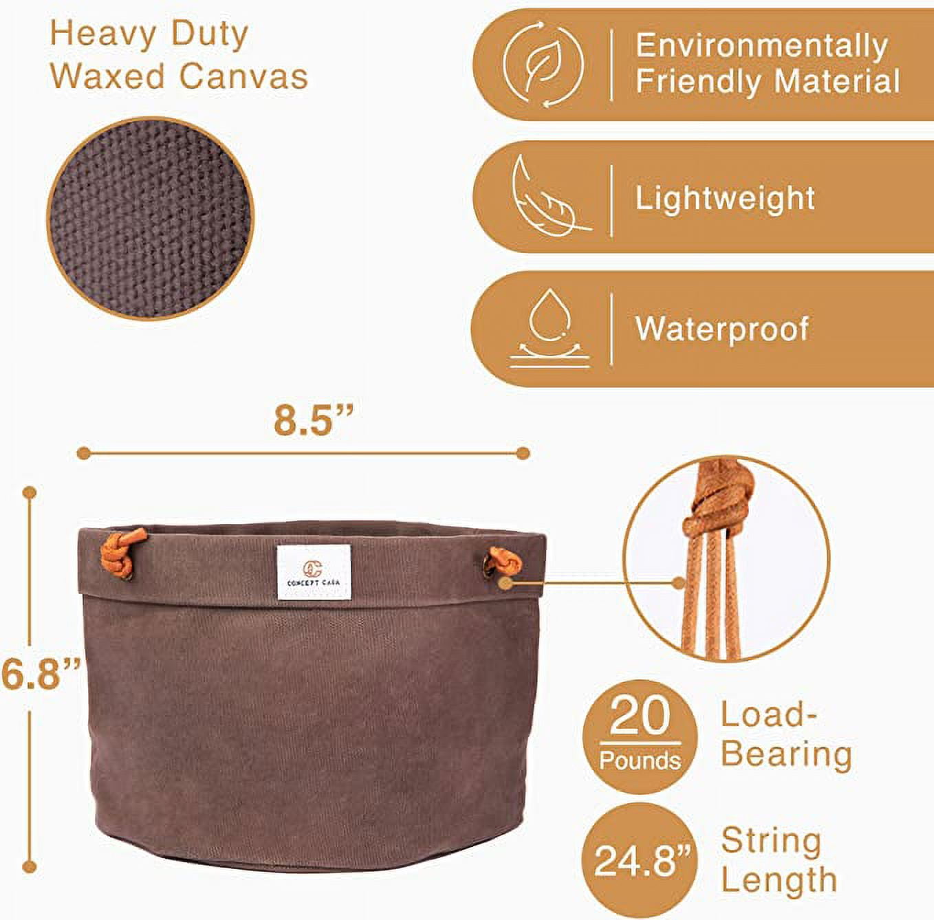 Concept Casa Large 8" Solid Print Hanging Planter with Handmade Waxed Canvas (Charcoal Gray)