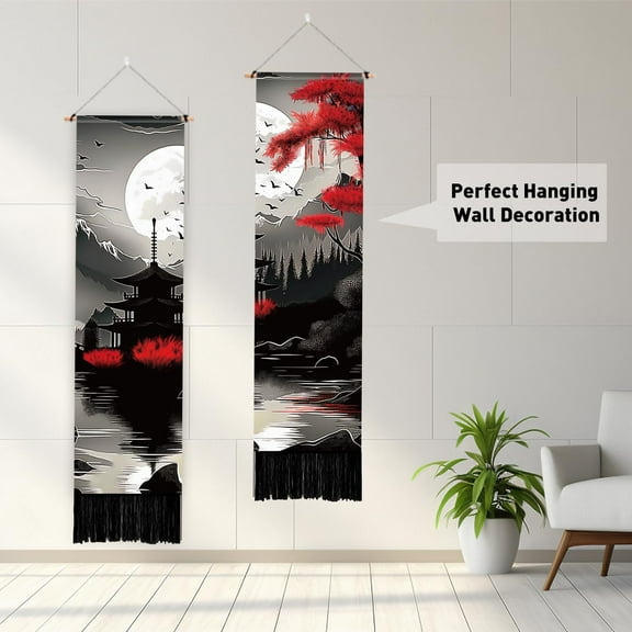 2 Pack Moon Mountain Tapestry Forest Long Narrow Tapestry Silhouette Style Landscape Loft Vertical Wall Hanging with Tassels Aesthetic Wall Tapestries for Bedroom Living Room Home Decor
