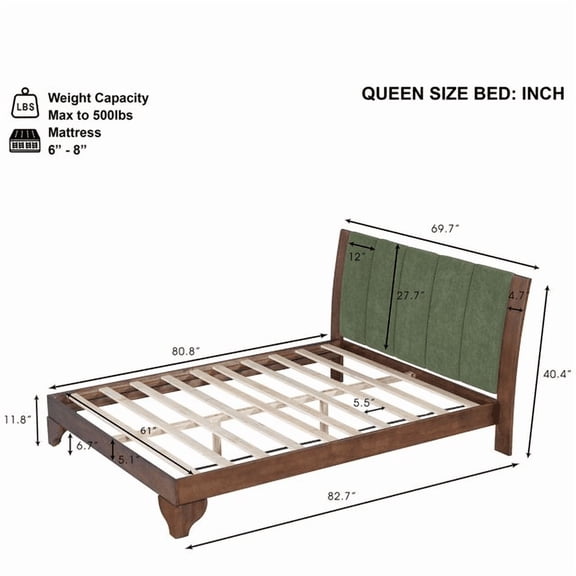 Pinovk Premium Pine Wood Queen Bed Frame,Queen Size Bed Frame with Headboard Included,Mid Century Modern Bed,Walnut&Green Color
