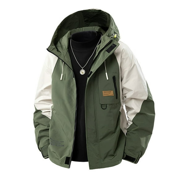 WTOBBY Men's Outdoor Work Jacket, Waterproof Windbreaker with Multiple Pockets, Loose Fit Hooded Coat for Hiking and Daily Use,Army Green L
