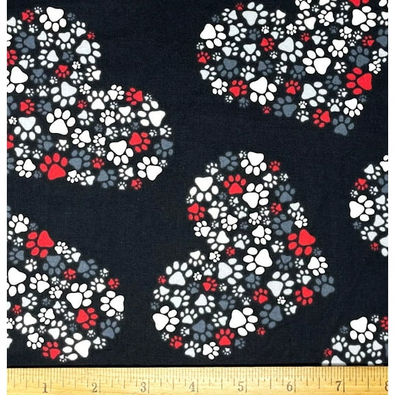 1 Fat Quarter - Dog & Puppy Paws Hearts on Black Cotton Fabric - 21" X 18"