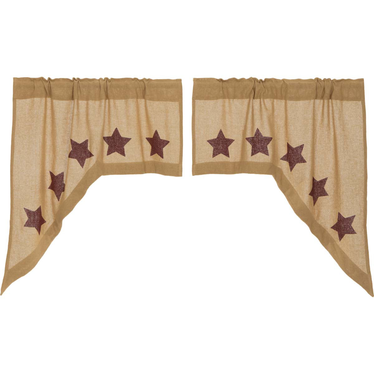 VHC Brands Burlap with Burgundy Stencil Stars Tier Set of 2 L36xW36 Country Curtains Tan