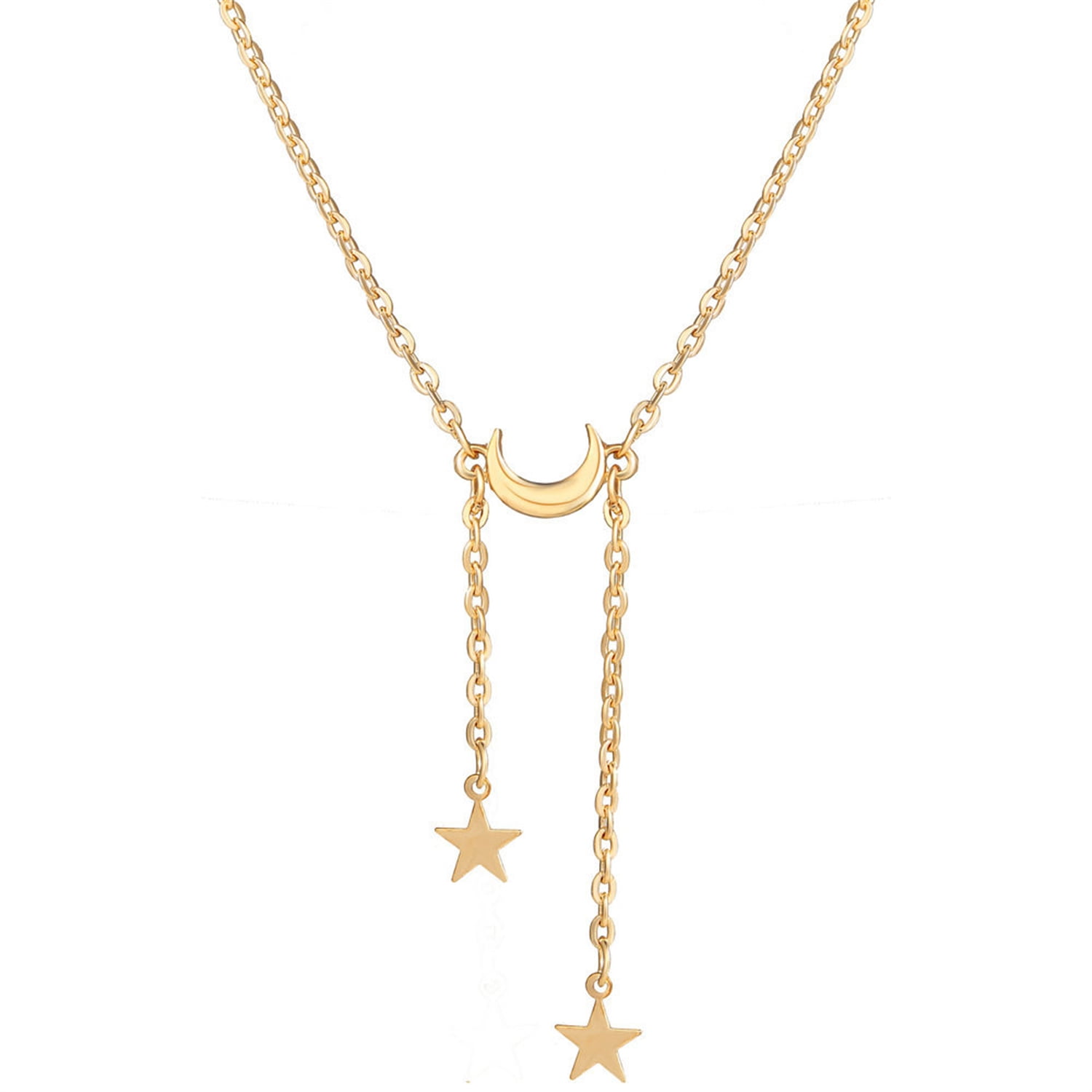 K&C 14k Yellow Gold Polished Flat-Backed Moon with Three Stars Pendant on Rope Necklace 