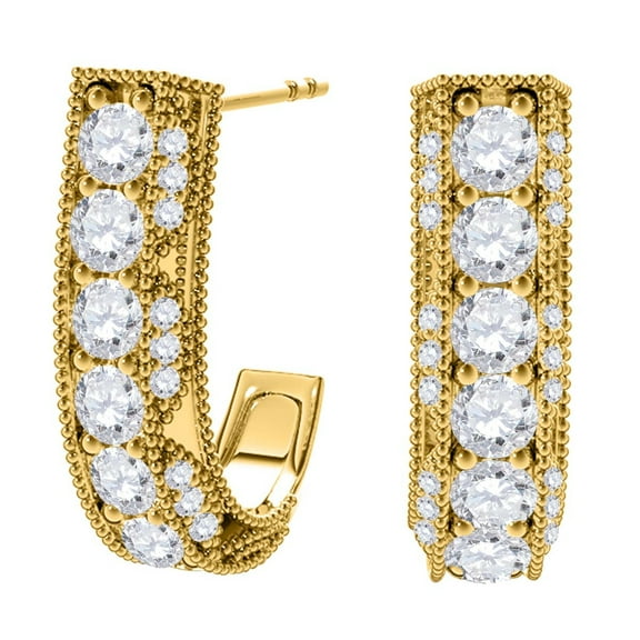 AoneJewelry1.00 Carat Round White Diamond Milgrained Hoop Earrings for Women In 14K Solid Yellow Gold Prong-Setting