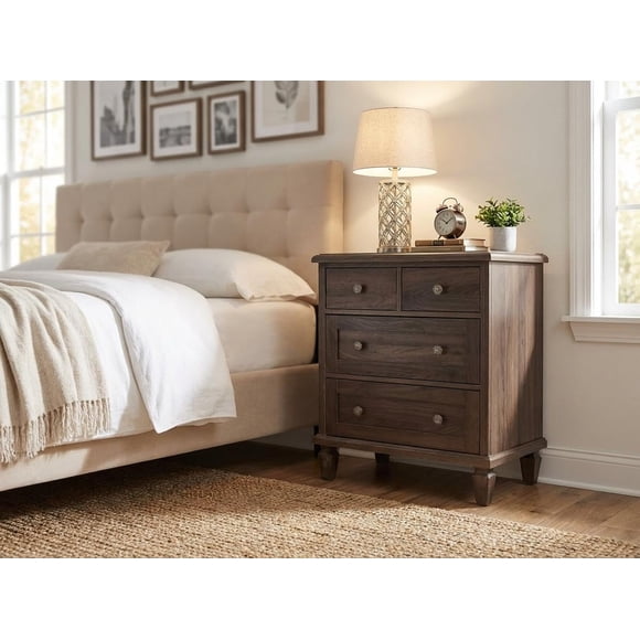 Vintage 4 Drawer Dresser for Bedroom, Wood Dresser with Tapered Legs Support, Dressers & Chests of Drawers for Living Room, Dark Brown