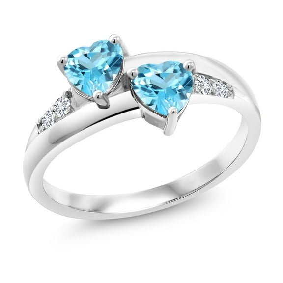 Gem Stone King 1.20 Ct Heart Shape Swiss Blue Topaz 925 Sterling Silver Lab Grown Diamond Ring (Size 7)