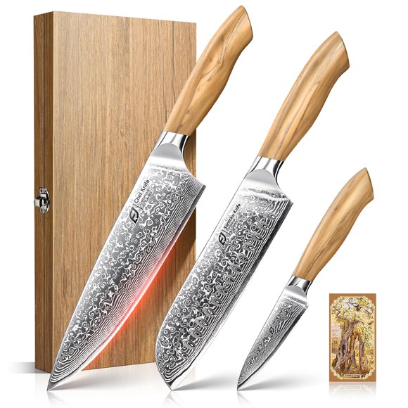 Emojoy Damascus Kitchen Knife Set, 3 PCS Japanese Chef Knife Set, 67-Layers Damascus Knife with Original Olive Wood Handle, Include Wooden Gift Box