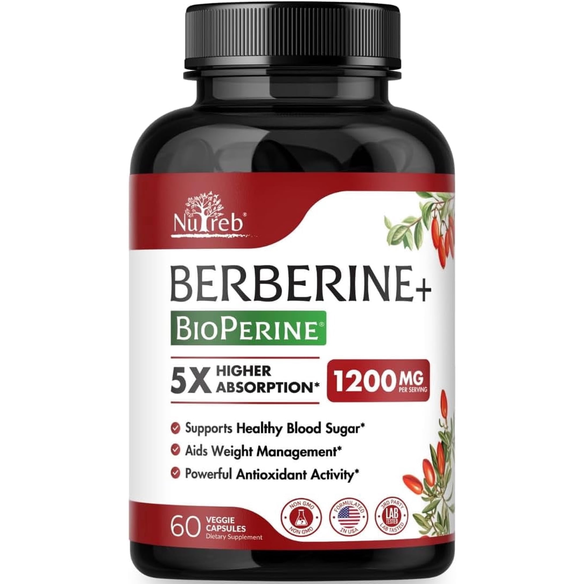 Nutreb Berberine Supplement 1200mg - 5X Higher Absorption - Ultra Pure Berberine HCL - Healthy Weight Management, Immune Support - Non GMO, Manufactured in USA - 60 Vegan Capsules