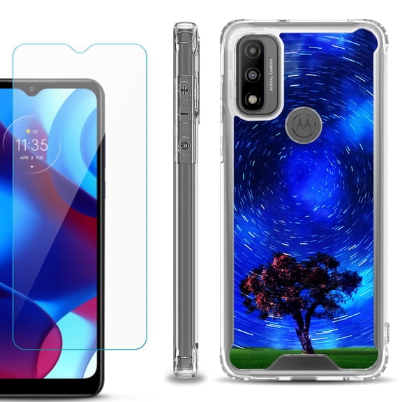 Shockproof Bumper Phone Case for Motorola Moto G Pure, with Tempered Glass Screen Protector, by OneToughShield ® - Star Trails Tree