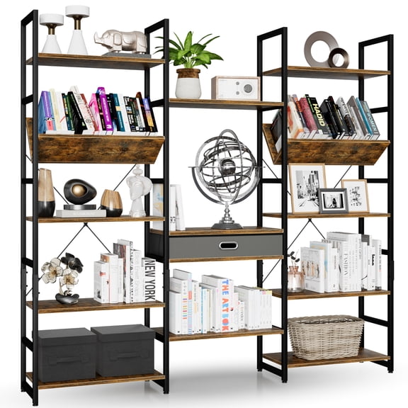 Triple Wide 5 Tier Bookshelf, Adjustable Rustic Industrial Style Book Shelves, Modern Bookcases and Bookshelves Furniture for Bedroom, Living Room and Home Office, Vintage Brown