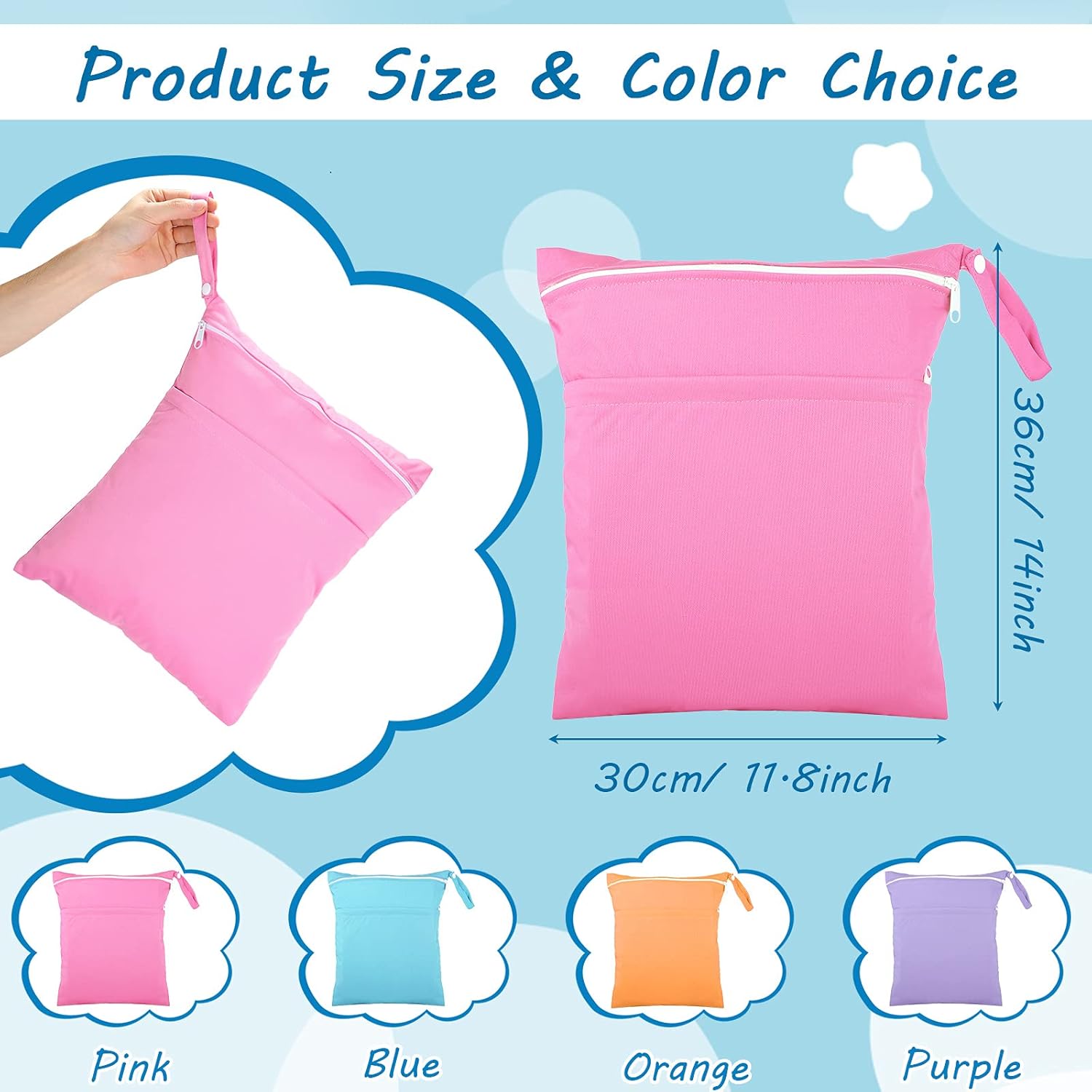BTEPSGA 4 PCS Wet Dry Bag , Waterproof Wet Bag Washable Travel Bag Reusable Bag with 2 Pocket Swim Wet Bag for Travel Beach Pool (Blue, Purple, Pink, Orange)