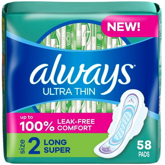 Always Ultra Thin Feminine Pads with Wings for Women, Size 2, Long Super Absorbency, Unscented, 58CT