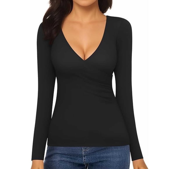 HUITKMM Womens Long Sleeve Top Women's Wrap Ruched Deep V Neck Slim Fit Long Sleeve Lined T Shirt Tunic Tops Tee