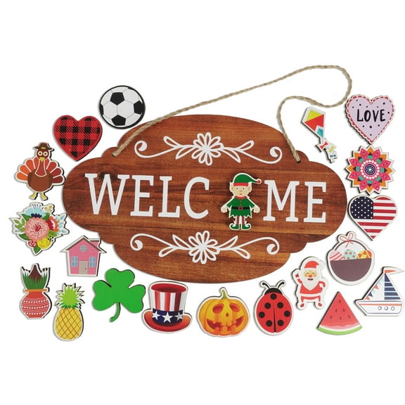 Inkdotpot Welcome Sign Front Door Decorations Hanging 20 Interchangeable Rustic Wood Seasonal Holiday Ornaments Housewarming Gift, Farmhouse Porch Decor- Wall Hanging 17" Inches