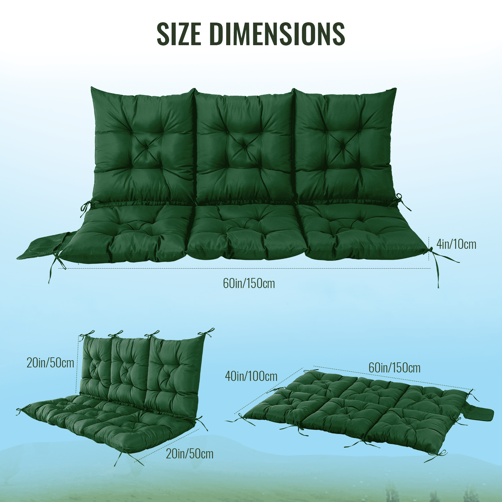 Outdoor Bench Cushion Inlife Swing Chair Cushion Waterproof Sun-Resistant with 8 Nonslip Ties, Dark Green 150cm*100cm