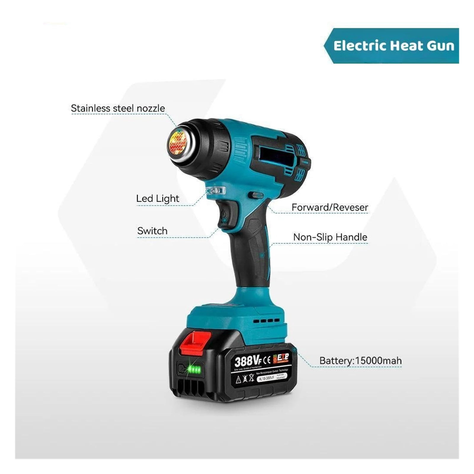 2000W Electric Heat Gun Compatible 18V Battery Cordless Handheld Hot Air Gun with 3 Nozzles Industrial Home Hair Dryer ,Variable Temperature