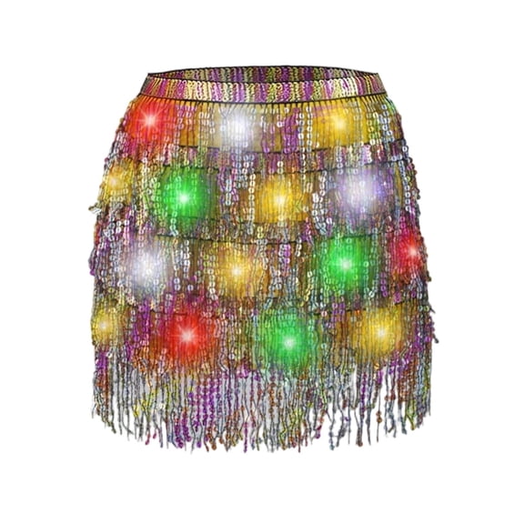 Daznico Women's Belly Dance Towel Sequined Tassels LED Ambient Lighting Performance Stage Skirt,Mardi Gras Clothing,Mardi Gras Skirt,One Size