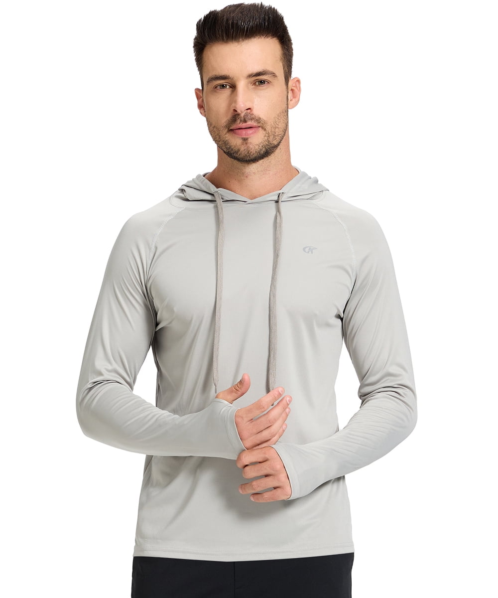 Satankud Men's UPF 50+ Long Sleeve Sunscreen Hoodie UV Sun Protection Hoodie with Thumbholes for Workout Fishing Hiking Sports Long Sleeve Hoodie Light Grey L