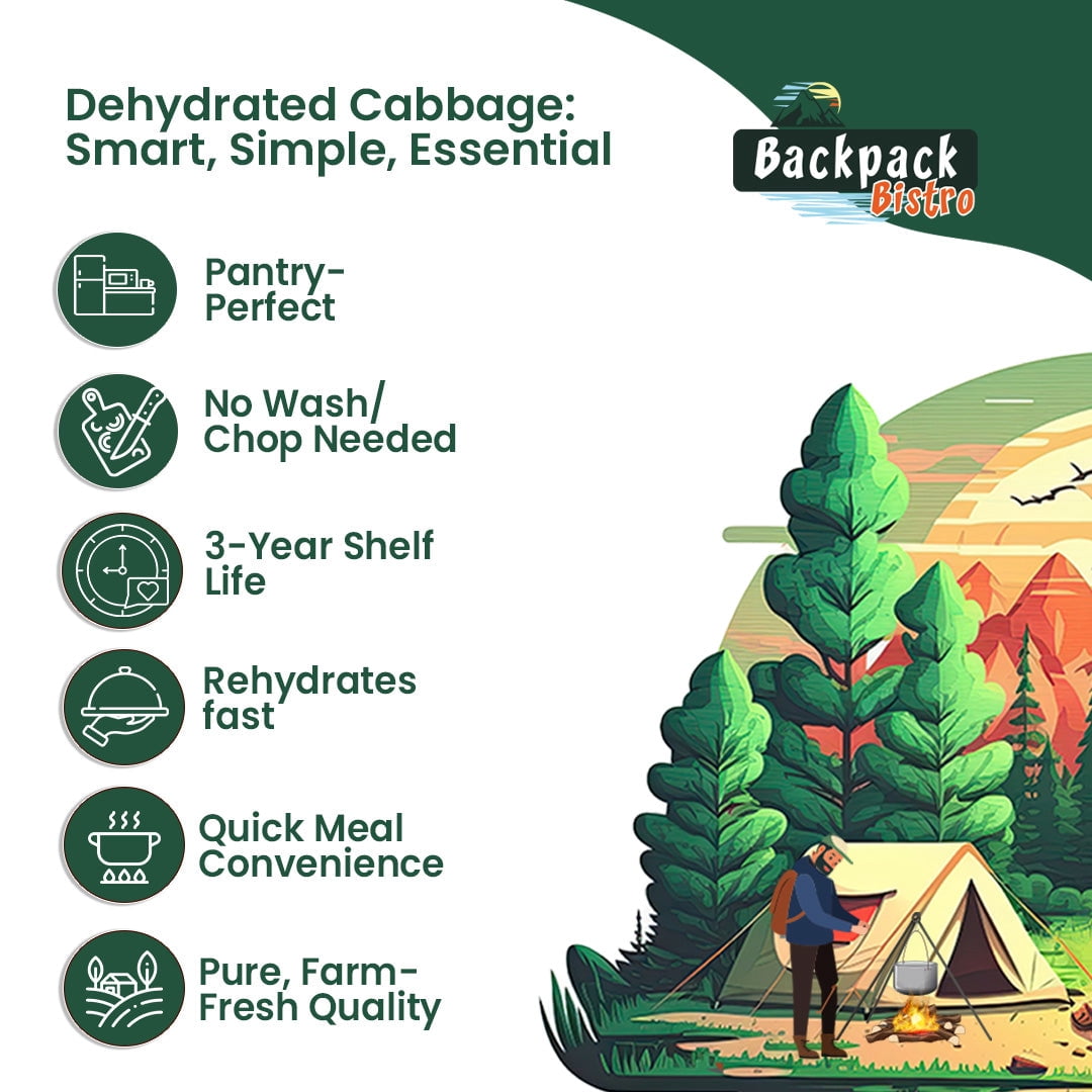Backpack Bistro | PACK of 6 Dehydrated Finely Chopped Cabbage 8.8 oz (250 g) | Ideal for Everyday, Camping Food, Emergency & Backpacking Meals | Soups, Salads , Noodles, Stir-Fries