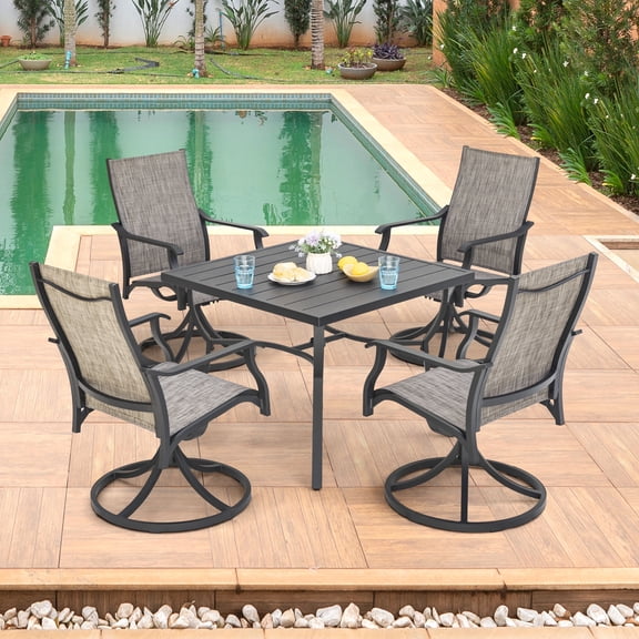 Nuu Garden Outdoor Dining Set 5-Piece Patio Dining Set with Umbrella Hole, Weather-Resistant Aluminum Table and 4 Textilene Swivel Chairs, Brown and Black