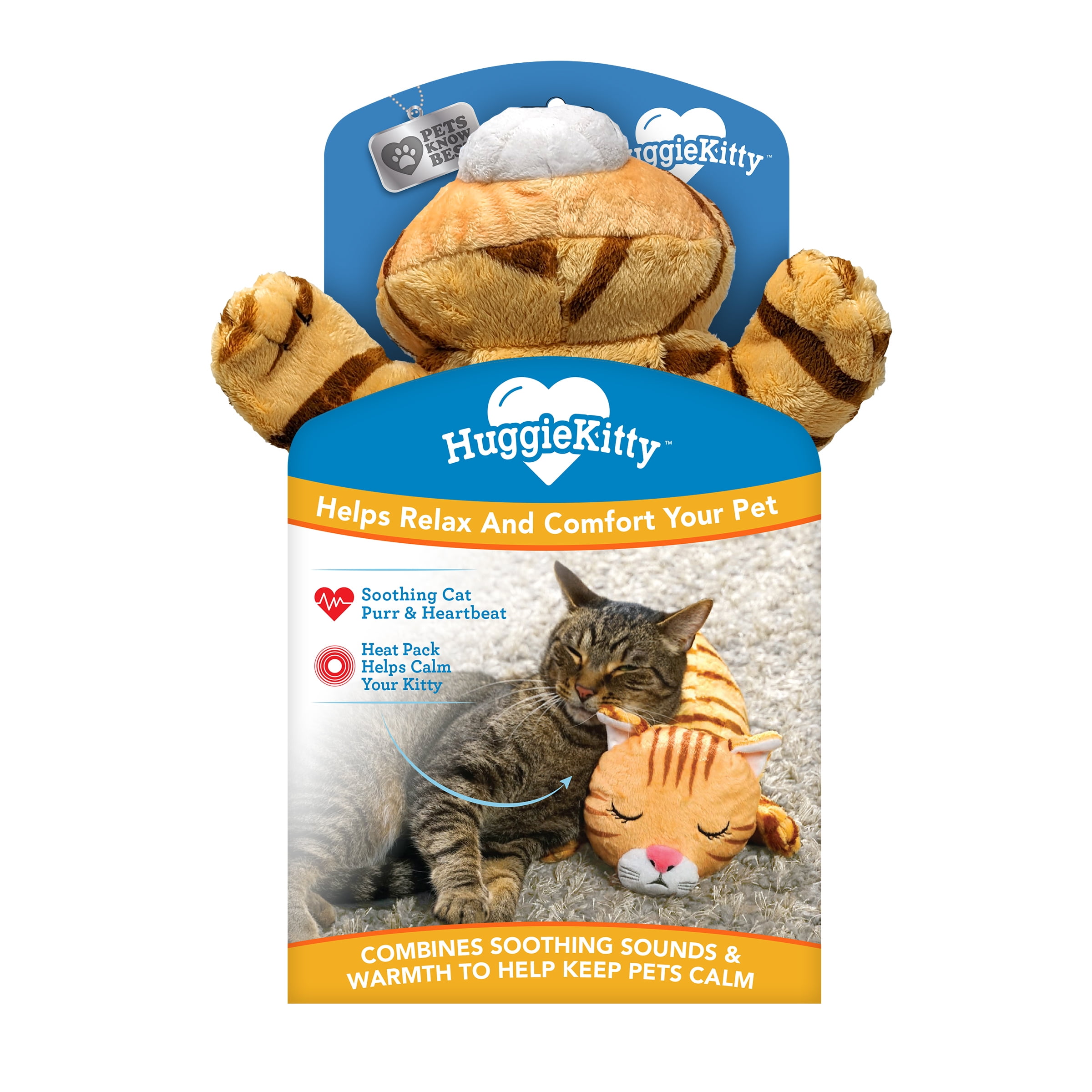Pets Know Best Huggie Kitty Cat Toy, Soothing Sound & Warmth Help Relax & Comfort Your Pet, Orange