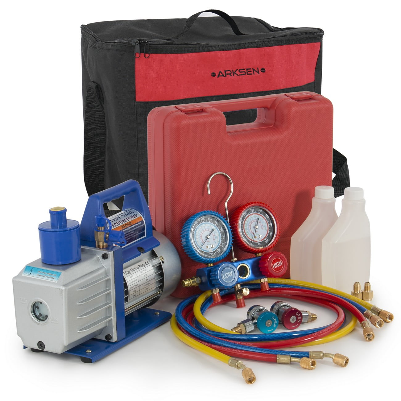 Buy ARKSEN 1 2HP Vacuum Pump R134a Manifold Gauge Diagnostic Refrigerant w Carrying Tote... by ARKSEN