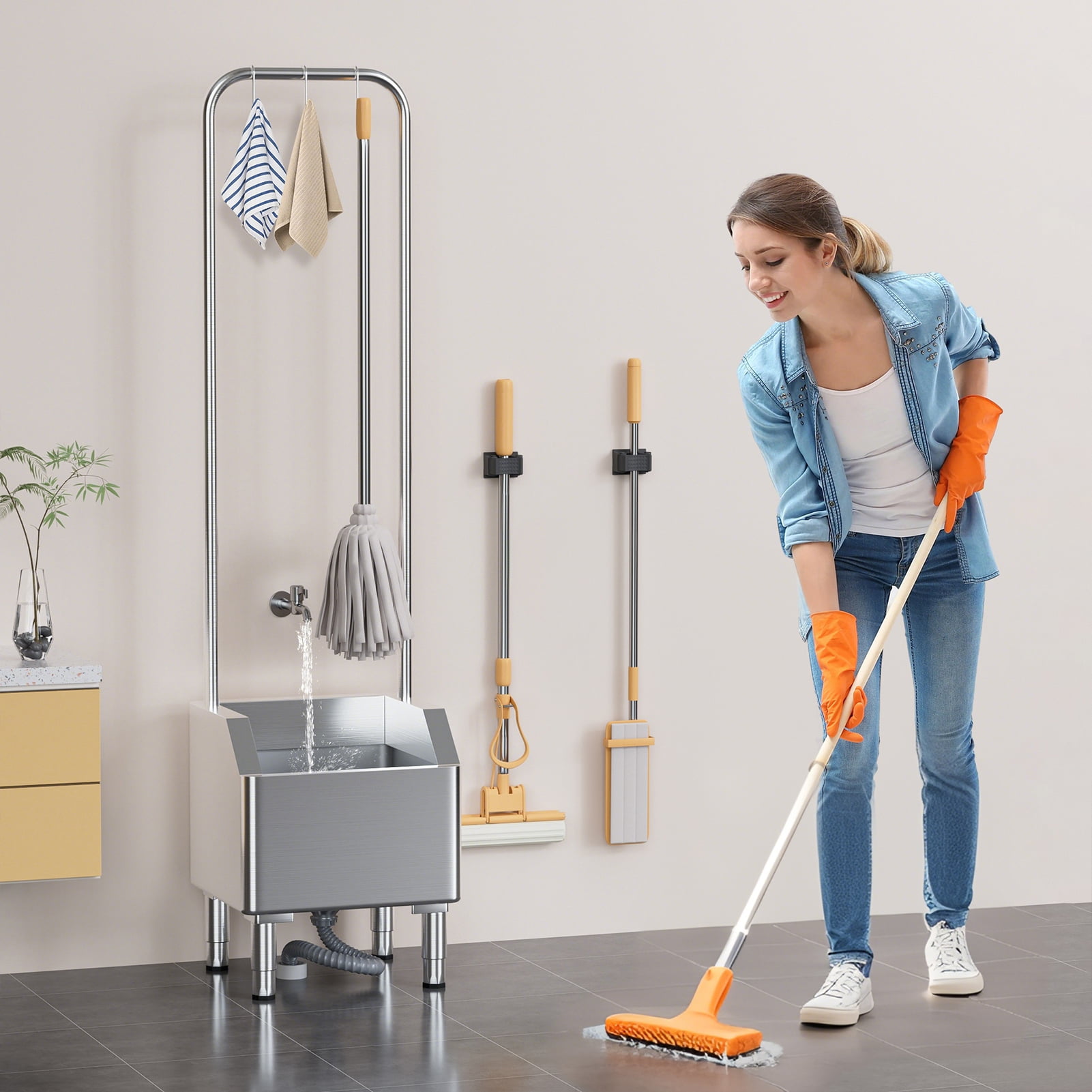 Stainless Steel Mop Sink with Extended Elevated Rack, Commercial Utility Sink for Laundry Room, Kitchen, Restaurant, Overflow-Proof Reservoir, 15° Tilted Edge, 5 Hooks, 150kg Capacity
