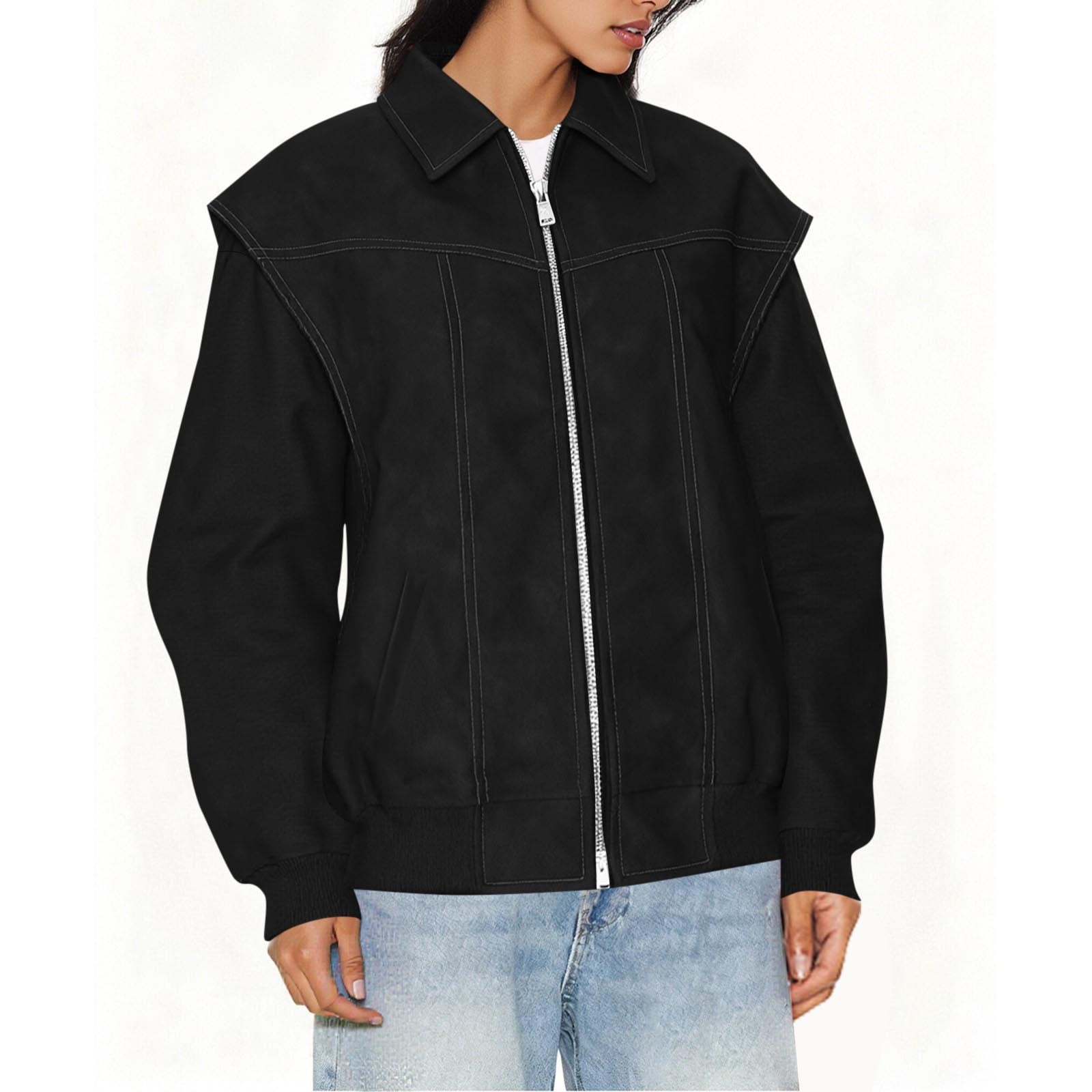 IROINNID Women's Faux Leather Jacket Long Sleeve Front Zip Pocket Biker Moto Jacket