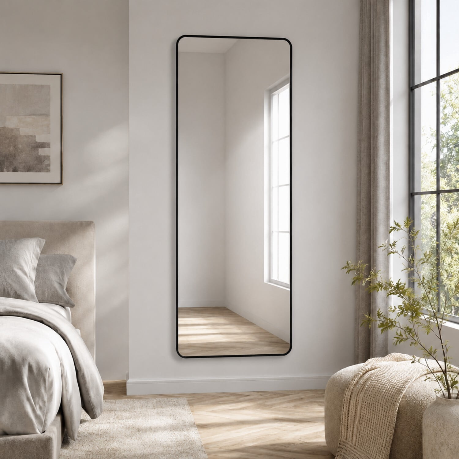 Easy4Home 64"x21" Rectangular Full Length Mirror Round Corner Freestanding Wall Mirror with Metal Frame, Black