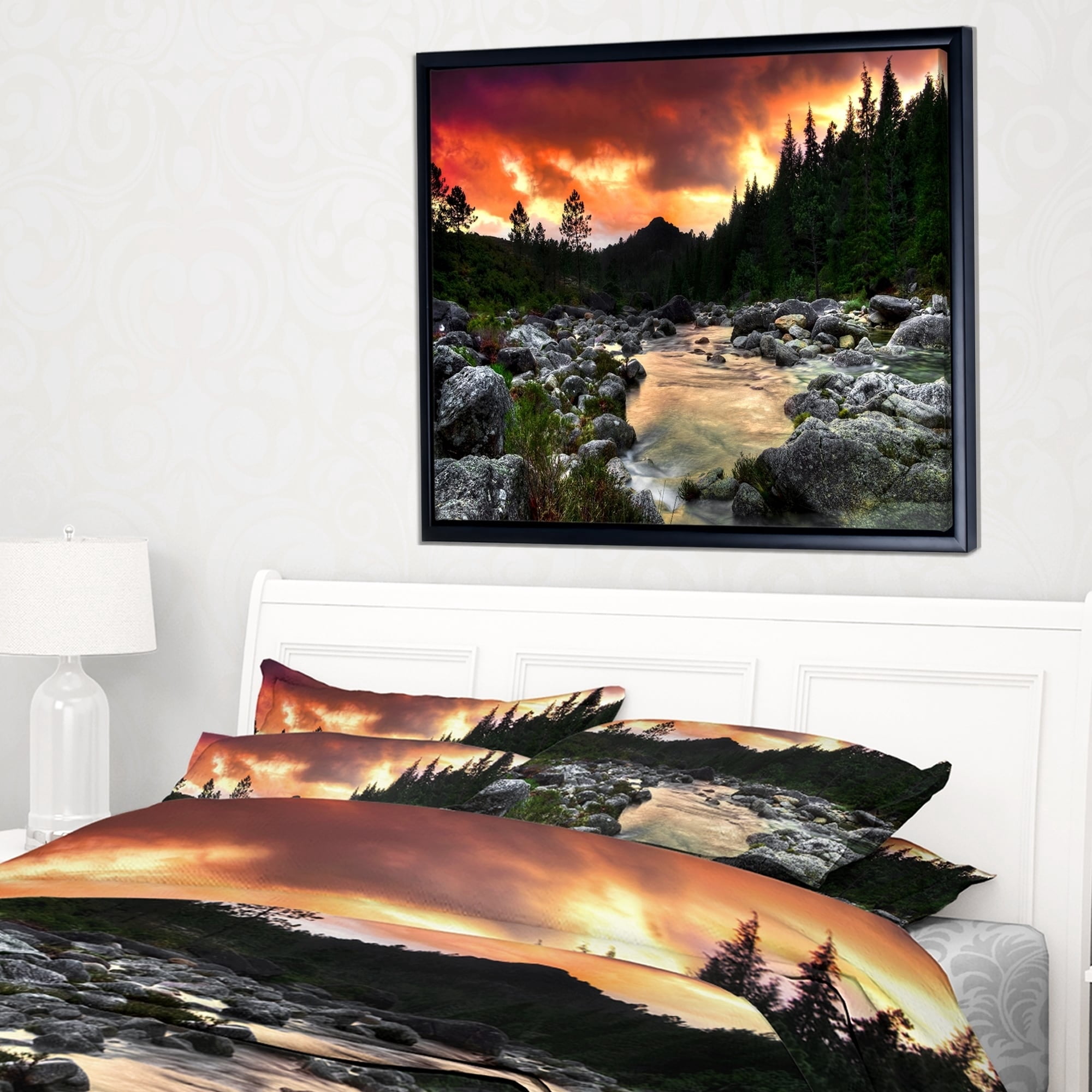 Designart ' Rocky Mountain River at Sunset ' Landscape Framed Canvas Art