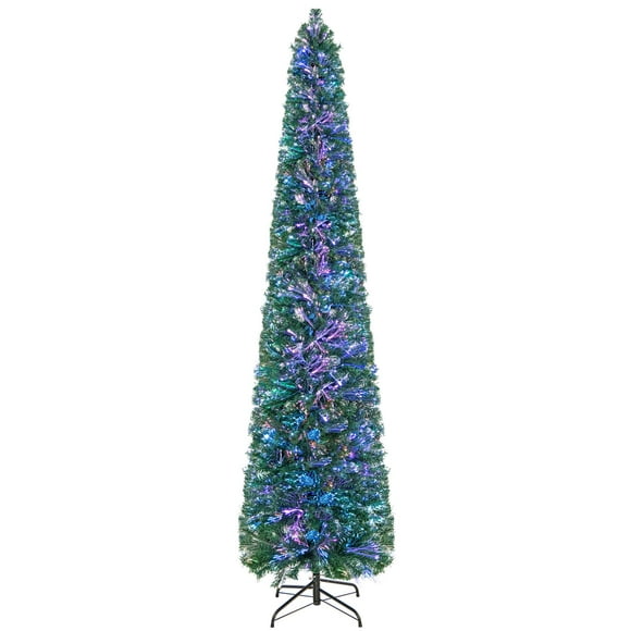 Costway 8 FT Pre-Lit Artificial Xmas Tree with Colorful Fiber Optics & 889 PVC Branch Tips