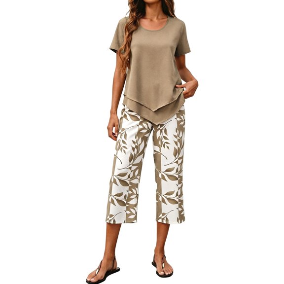 Women's Printed Casual Two Piece Set Cropped Top and Half Length Bottoms Modern Outfit,Beige,XL