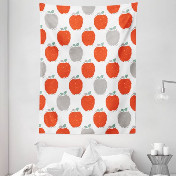 Apple Tapestry, Doodle Style Fruit Silhouettes Healthy Sweet Apple Sketches Agriculture, Wall Hanging for Bedroom Living Room Dorm Decor, 60W X 80L Inches, Scarlet Pale Grey Teal, by Ambesonne