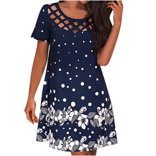 Moda impresa casual verano cuello redondo manga corta ahueca hacia fuera el vestido de mujer Pompotops ghjkhdj12209