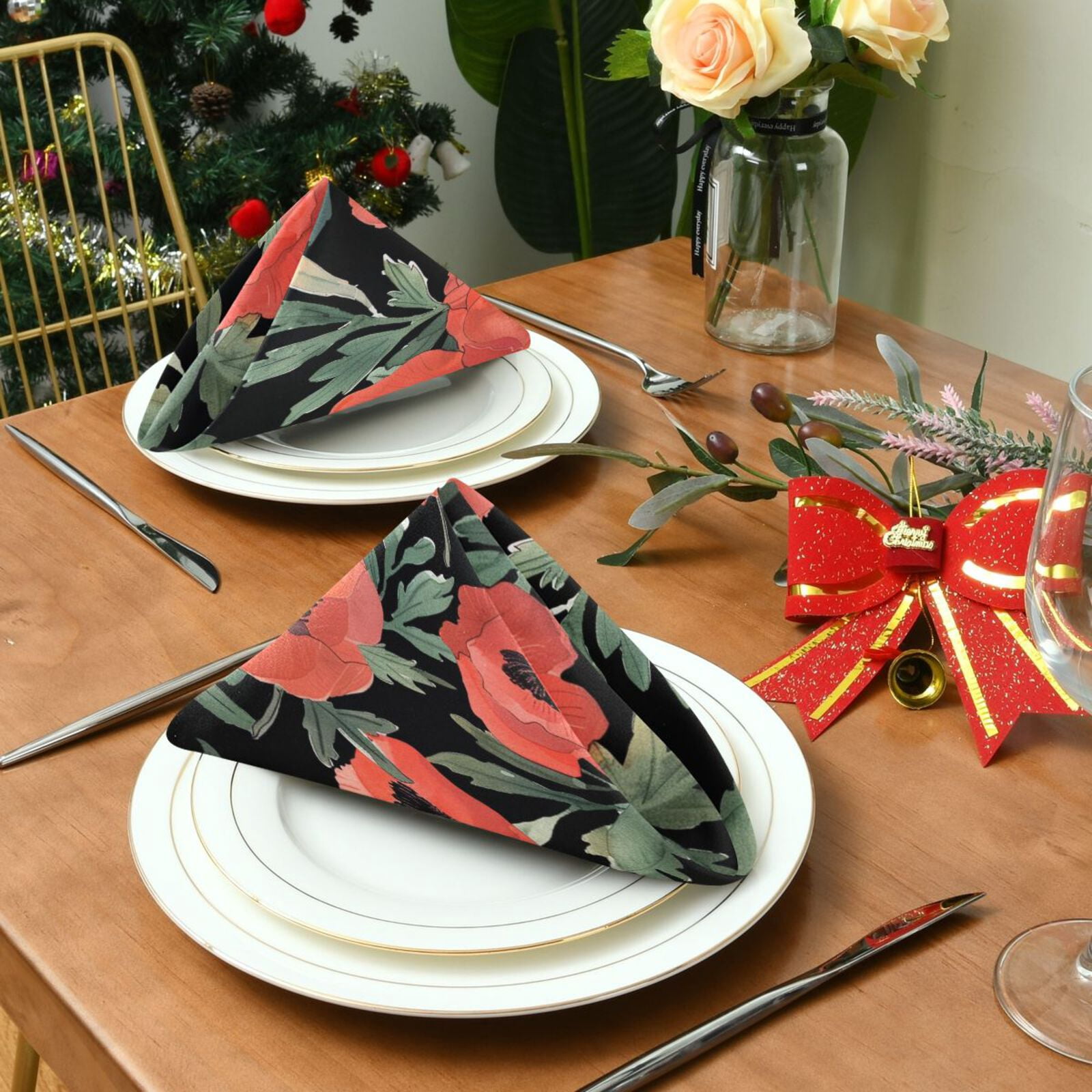 JSTEL Poppy Flowers Cloth Napkins Set of 6, 20x20 Inch Washable and Reusable Napkin for Decoupage Dinner Party Everyday Use