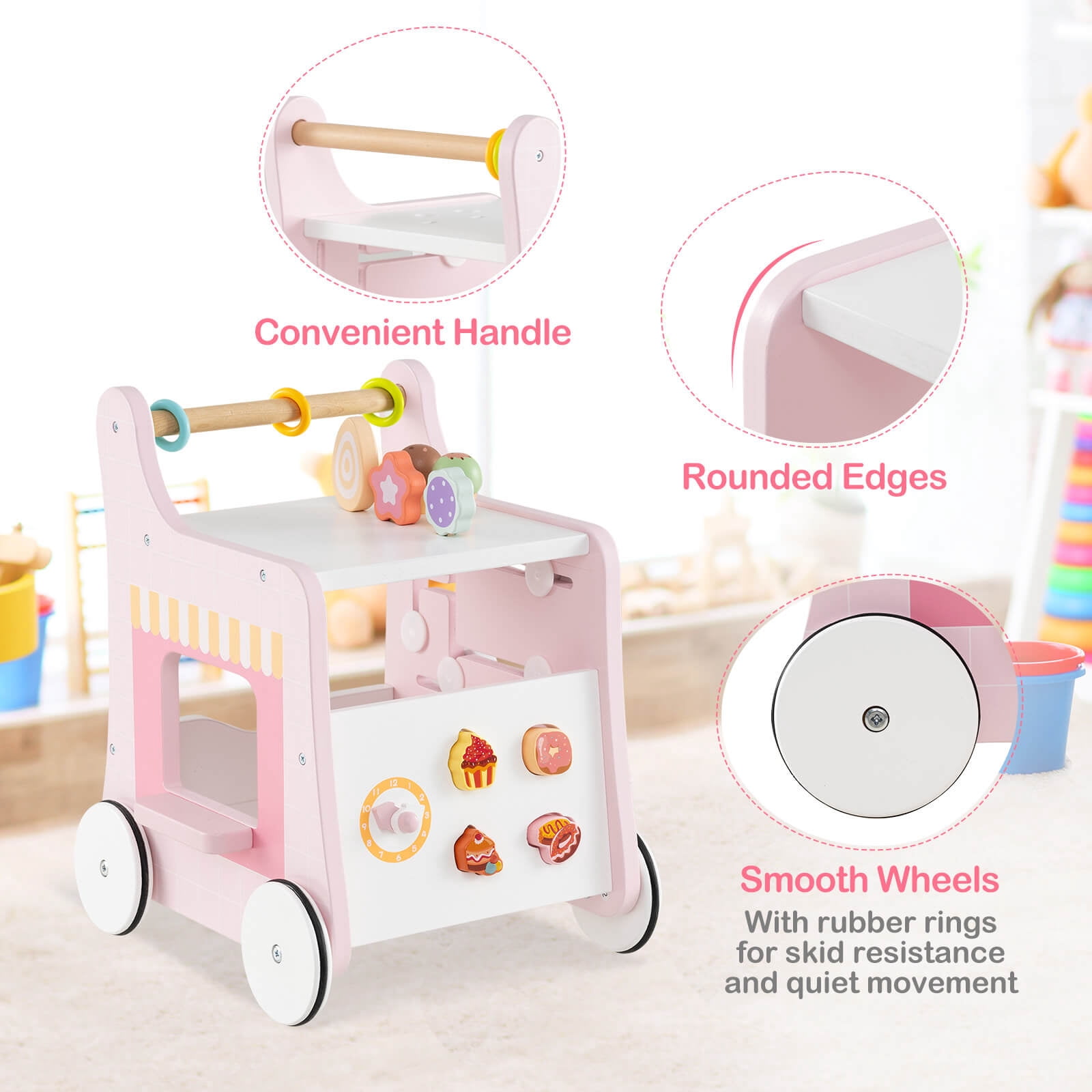 Infans Wooden Baby Walker Ice Cream Cart Toy with Sweet Accessories & Smooth Wheels