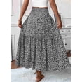 thumbnail image 6 of Women'S High Elastic Waist Midi Skirt Casual Summer Trendy Flowy Ruffle Floral Print A Line Skirts Black Flower XL, 6 of 8