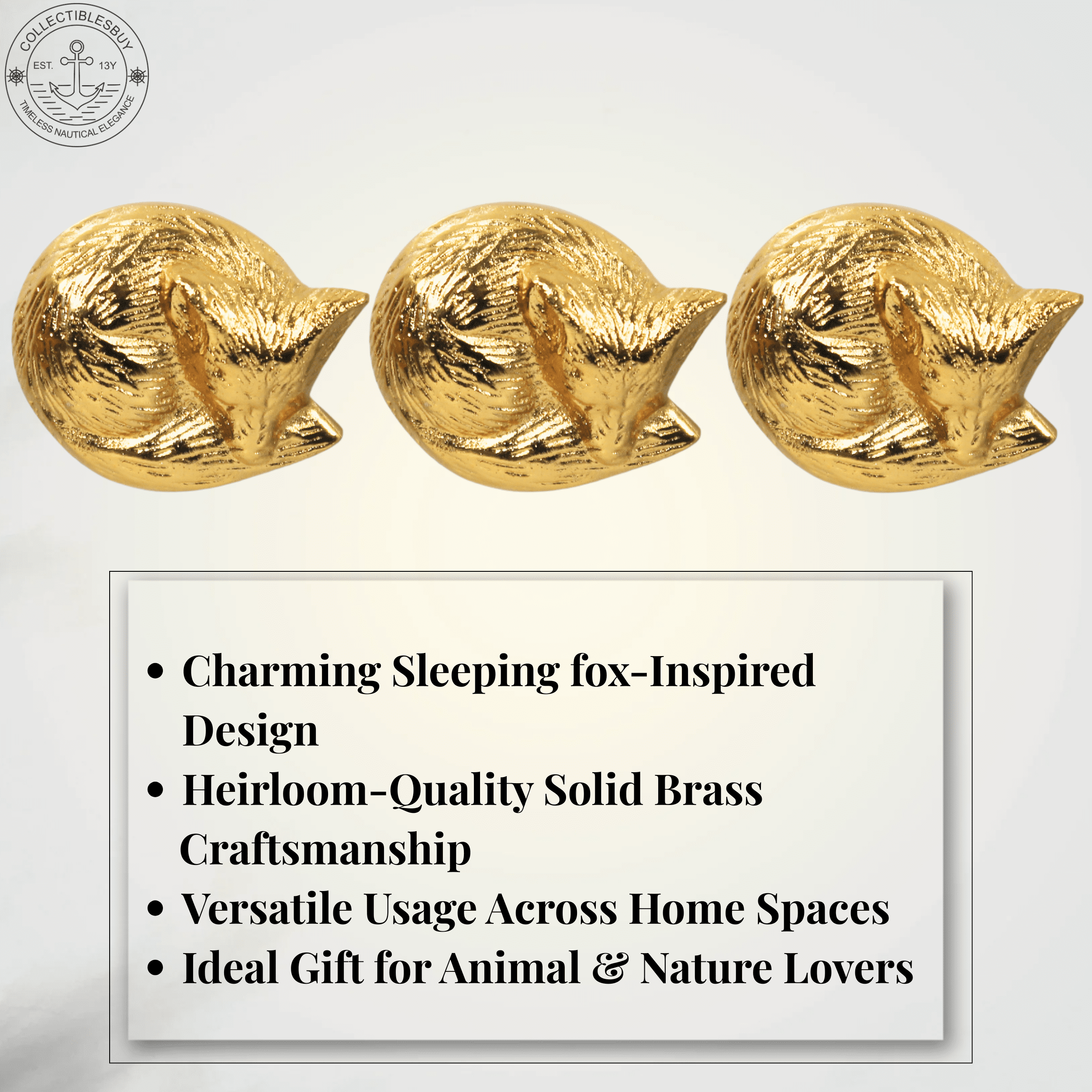 Shiny Brass Sleeping Fox Cabinet Knobs – Animal Drawer Pulls for Room, Cupboard, Closet, Dresser & Furniture Hardware | Wood Decor Knob Set (Pack of 3)