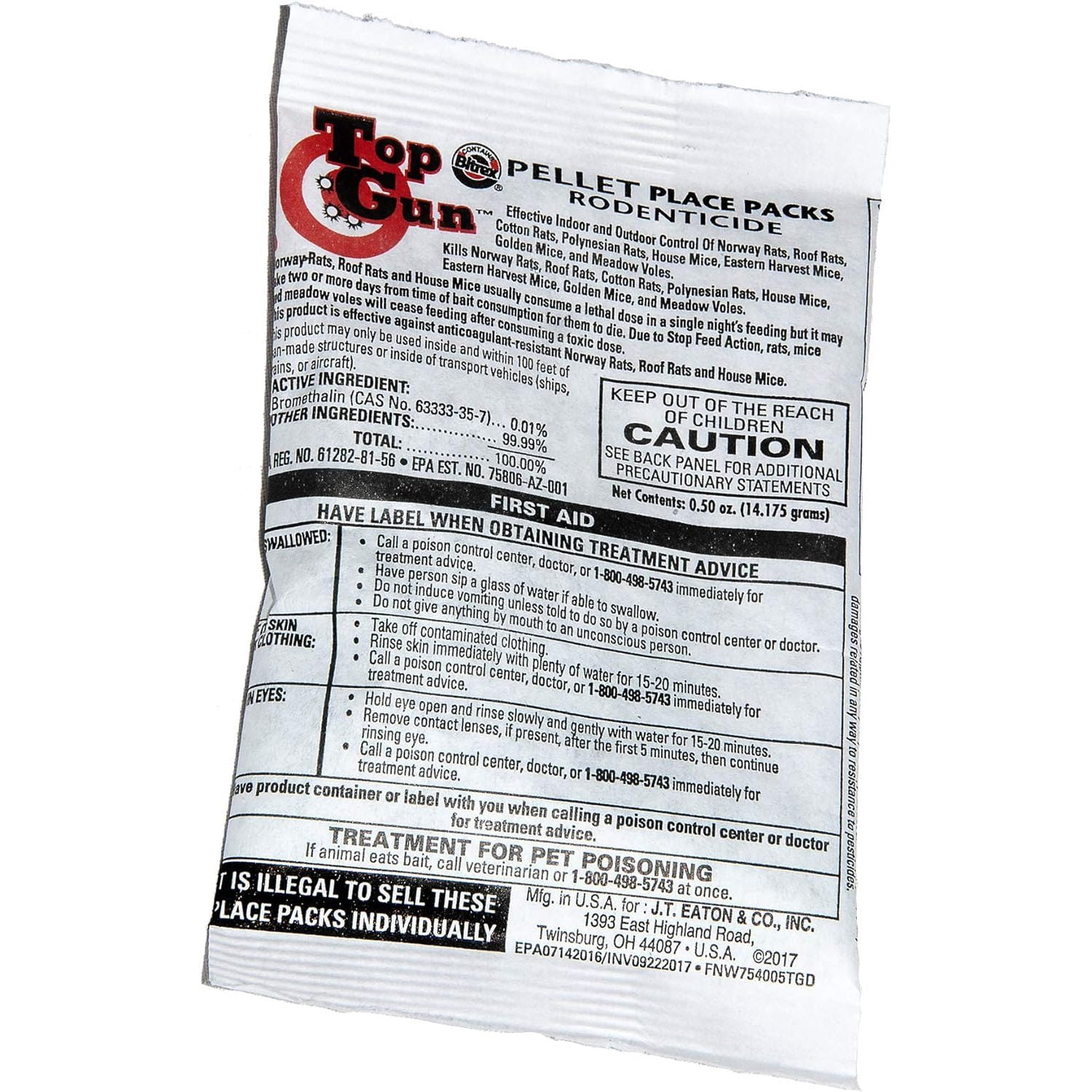 JT Eaton 754 Top Gun Pellet Place Packs Rodenticide Bromethalin Neurological Bait with Stop-Feed Action and Bitrex, For Mice and Rats (Pail of 128)
